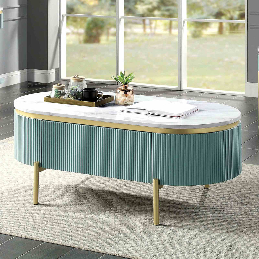 Koblenz Glam Occasional Tables - Faux Marble Top with Gold Steel Frame & Reeded Light Teal Panels