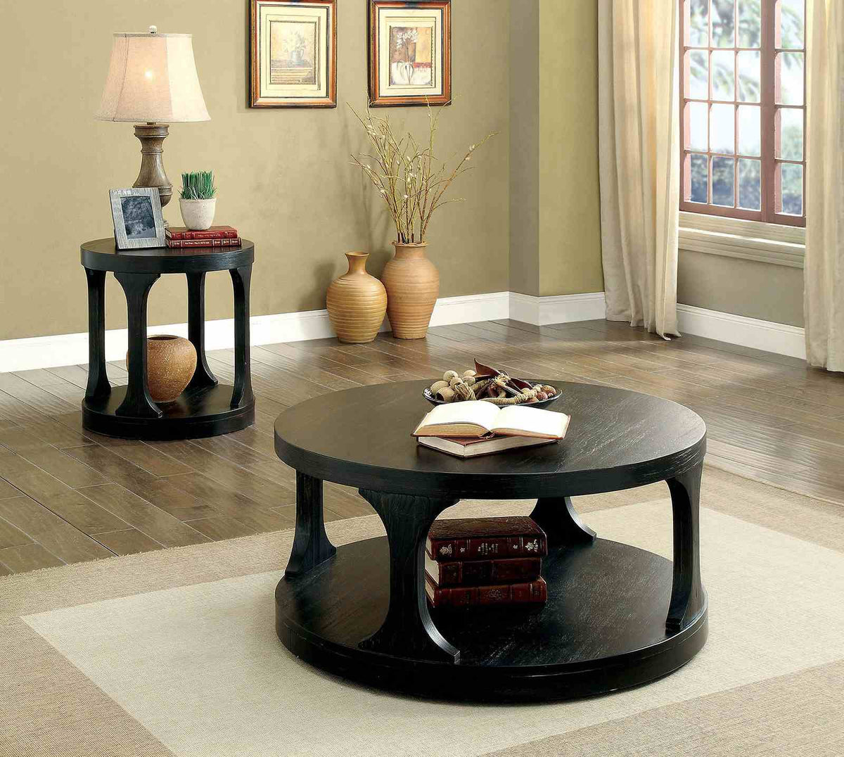 Carrie Transitional Round Coffee & End Table with Open Shelf - Antique Black – Black, view 3