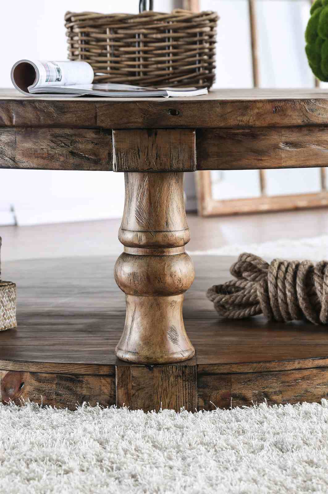 Mika Rustic Round Coffee Table with Cushion Top & Open Shelf - Antique Oak – Brown & Natural, view 3