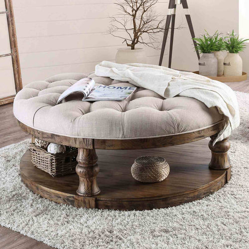Mika Rustic Round Coffee Table with Cushion Top & Open Shelf - Antique Oak