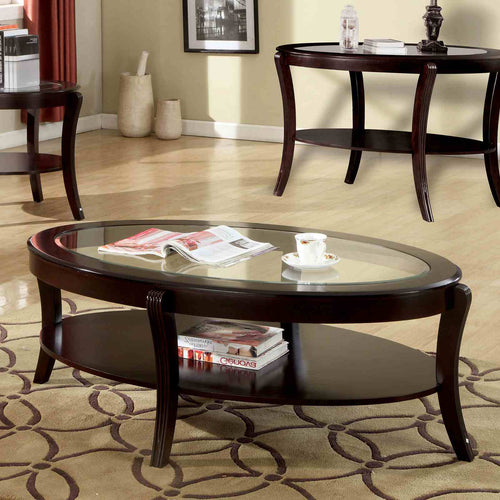 Finley Contemporary Coffee & End Table - Beveled Glass Top with Open Shelf in Espresso