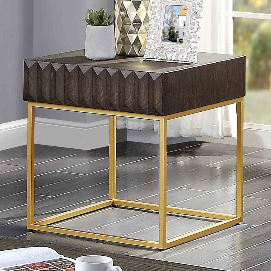 Augsburg Contemporary Two-Tone End & Side Tables - Walnut with Gold Steel Legs & Concealed Drawers
