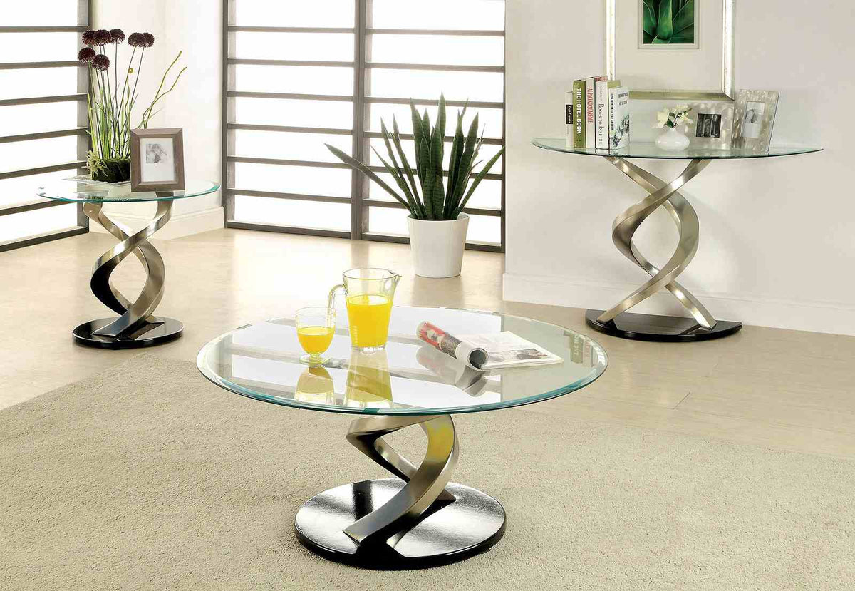 Nova Contemporary Twisting Pedestal Sofa Table - Beveled Tempered Glass & Satin Plated Steel – Silver & Black, view 2