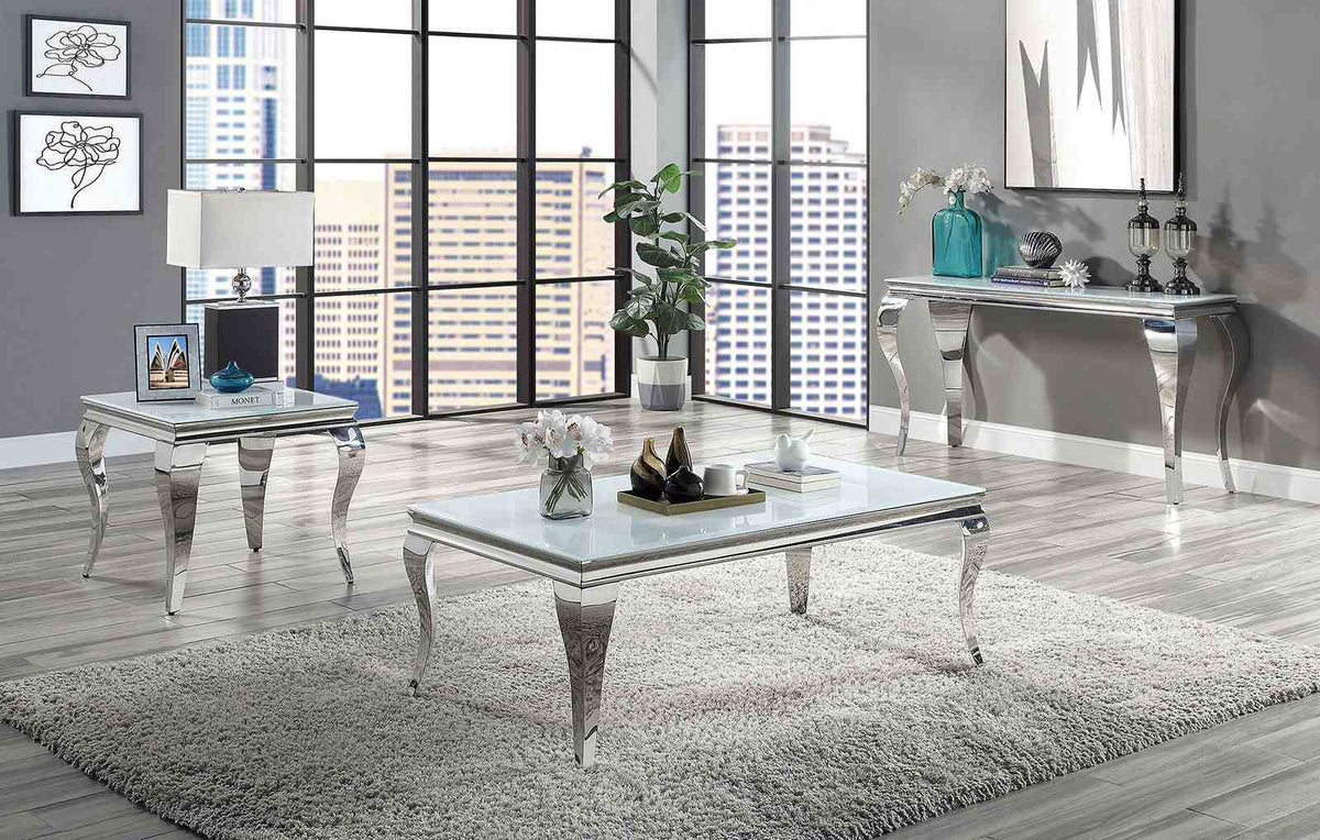 Wetzikon Glam Stainless Steel & Glass Occasional Tables - Coffee, End & Sofa Table – Black & White, view 8