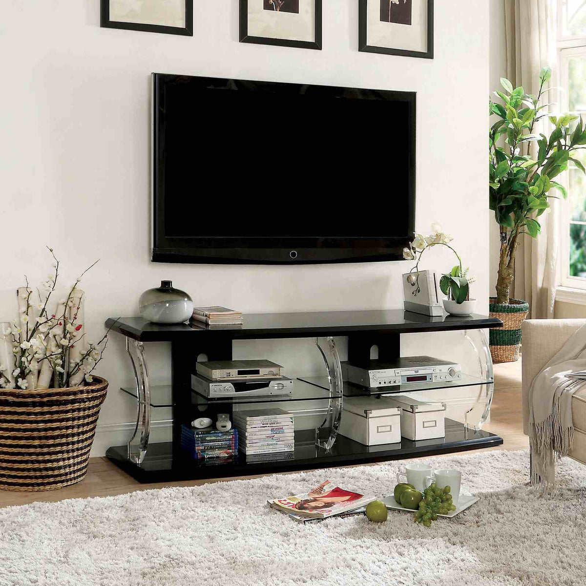 Ernst Contemporary 60" TV Stand - High Gloss Lacquer with Acrylic Posts & Glass Shelf – Black & White, view 3