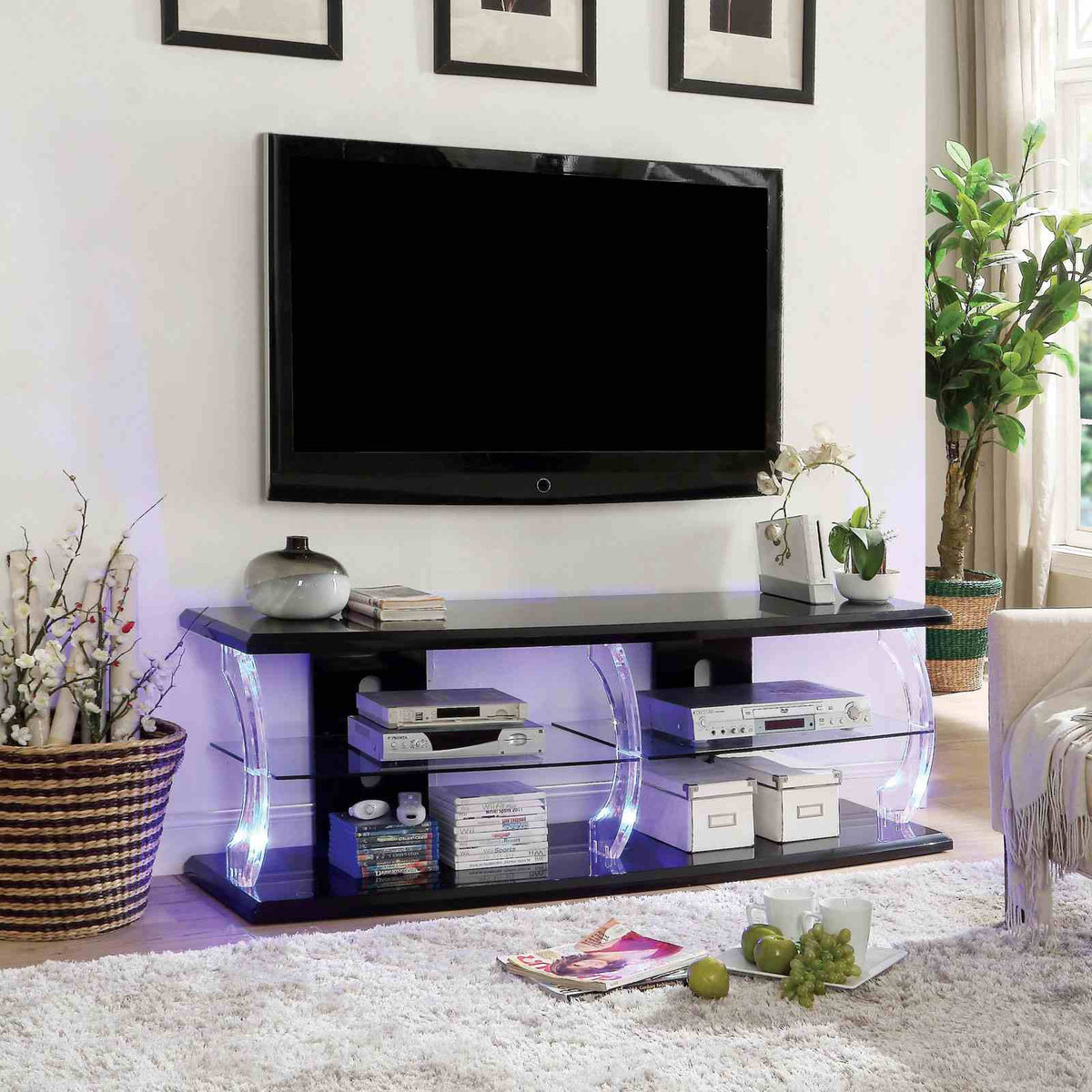 Ernst Contemporary 60" TV Stand - High Gloss Lacquer with Acrylic Posts & Glass Shelf – Black & White, view 4