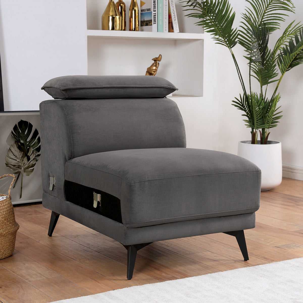 Napanee Contemporary Right-Chaise Sectional & Armless Chaise Chair - Adjustable Headrests in Navy or Dark Gray – Blue & Gray, view 11