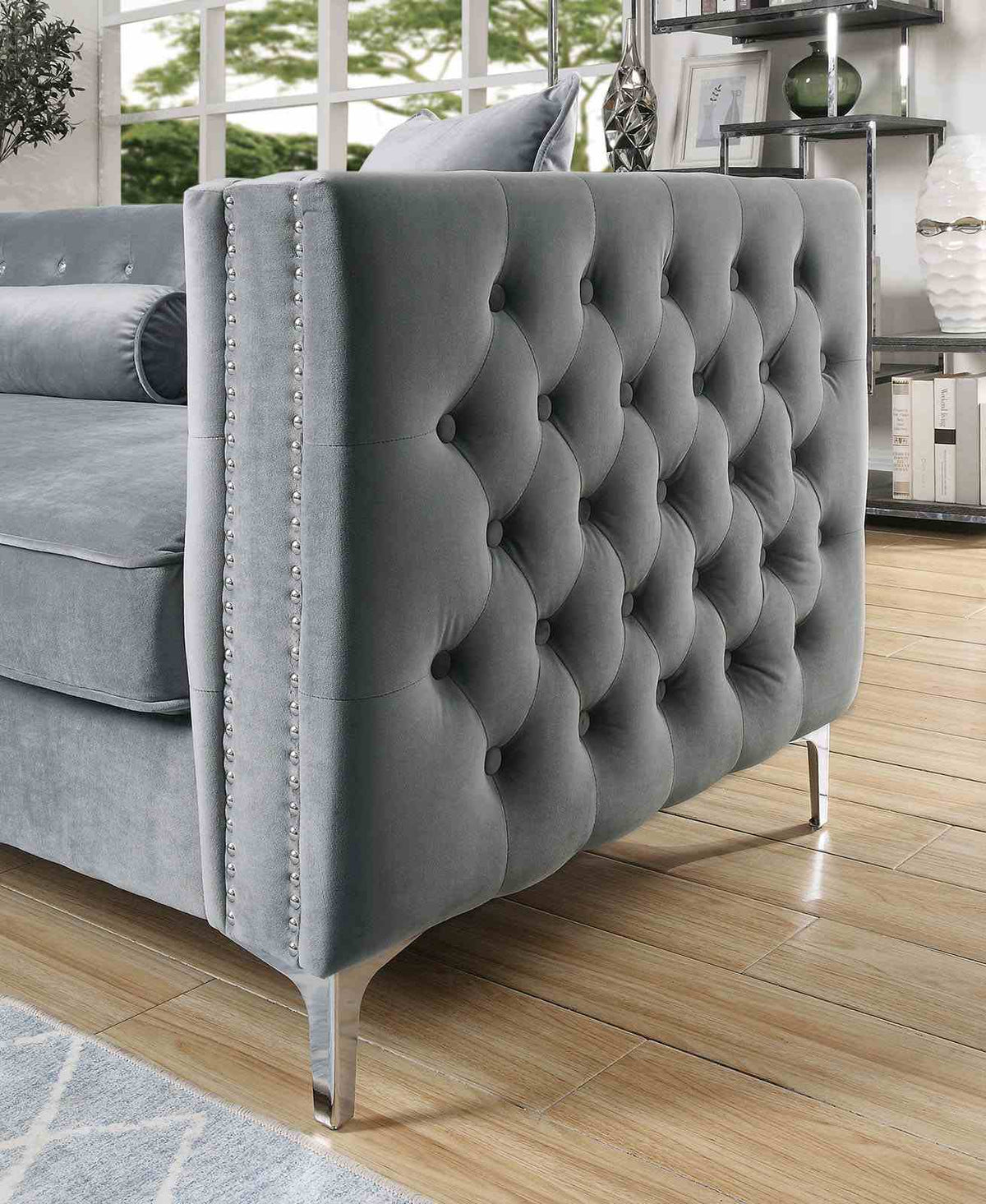 Amie Glam Tufted Sectional with Storage Chaise - Gray Flannelette, Nailhead Trim & Steel Legs – Gray, view 3