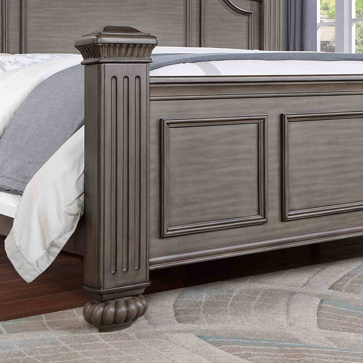 Syracuse Traditional Bed, Bedroom Set & Case Pieces - Floral Carved Headboard & Antique Brass Hardware in Dark Walnut or Gray – Brown & Gray, view 16