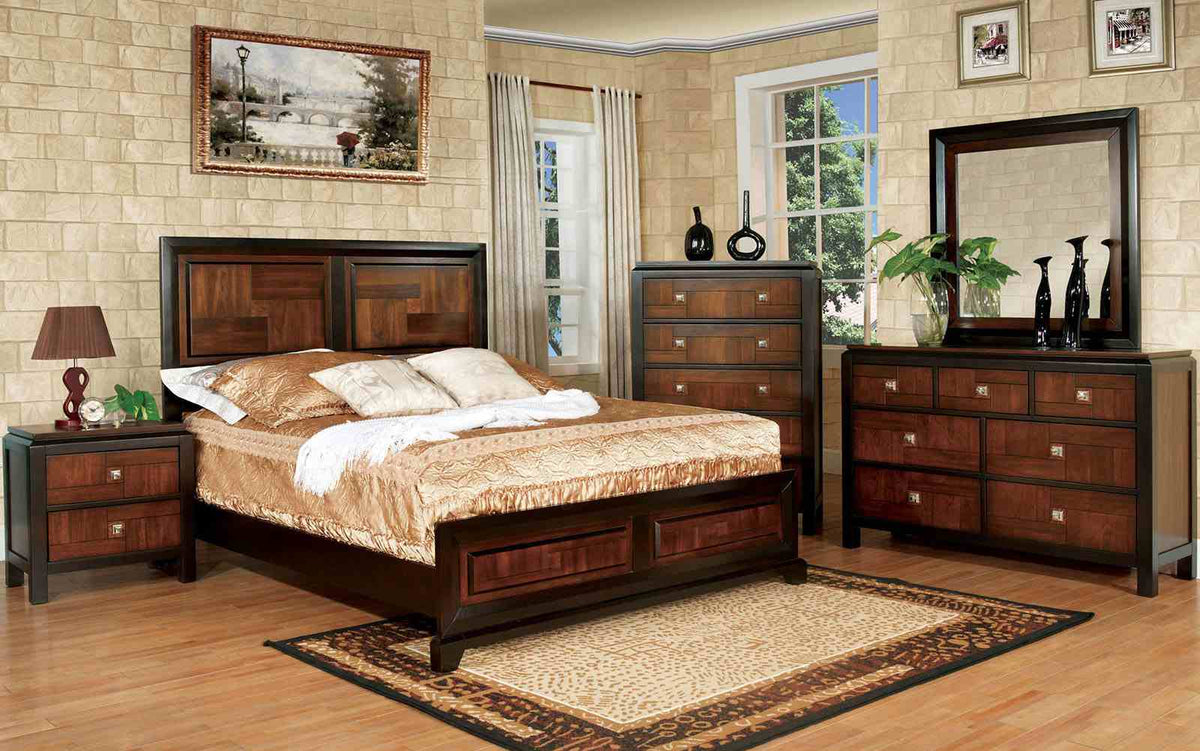 Patra Transitional Acacia Parquet Panel Bed & Bedroom Collection - Dresser, Mirror, Chest & Nightstand in Walnut with Chrome Knobs – Brown, view 2