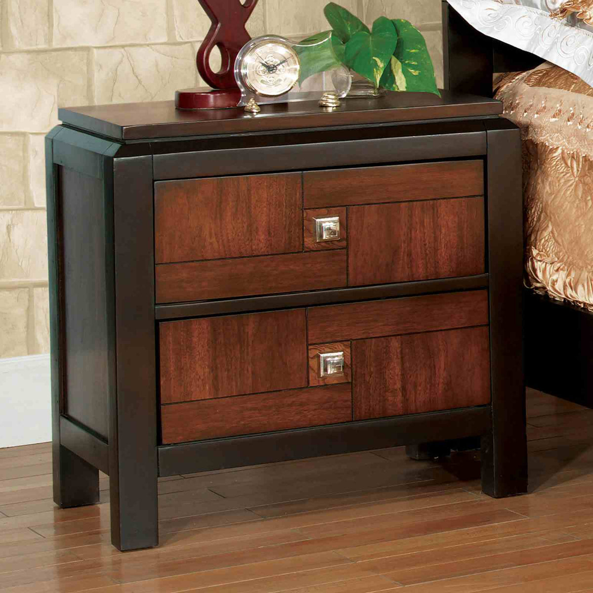 Patra Transitional Acacia Parquet Panel Bed & Bedroom Collection - Nightstand