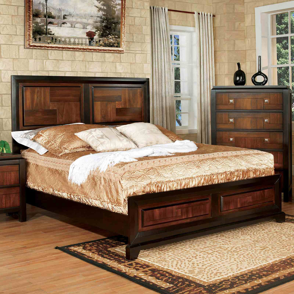 Patra Transitional Acacia Parquet Panel Bed & Bedroom Collection - Queen Bed Only