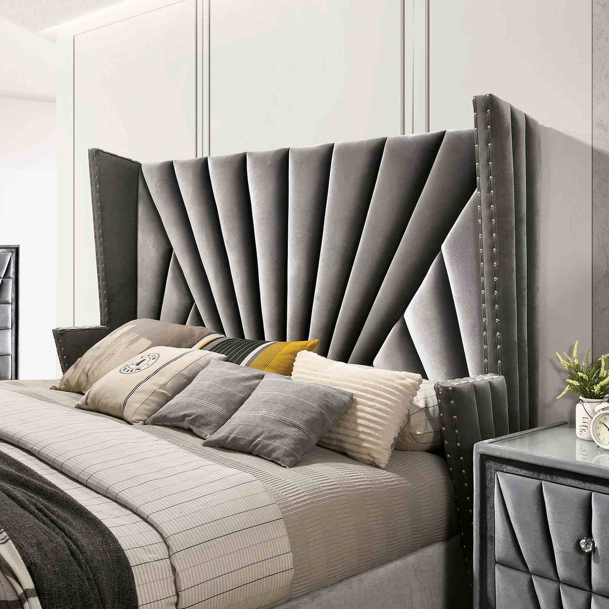 Carissa Art Deco Wingback Upholstered Bed, Bedroom Set & Case Pieces - Nailhead Trim & Glass Tops in Black or Gray – Black & Gray, view 17