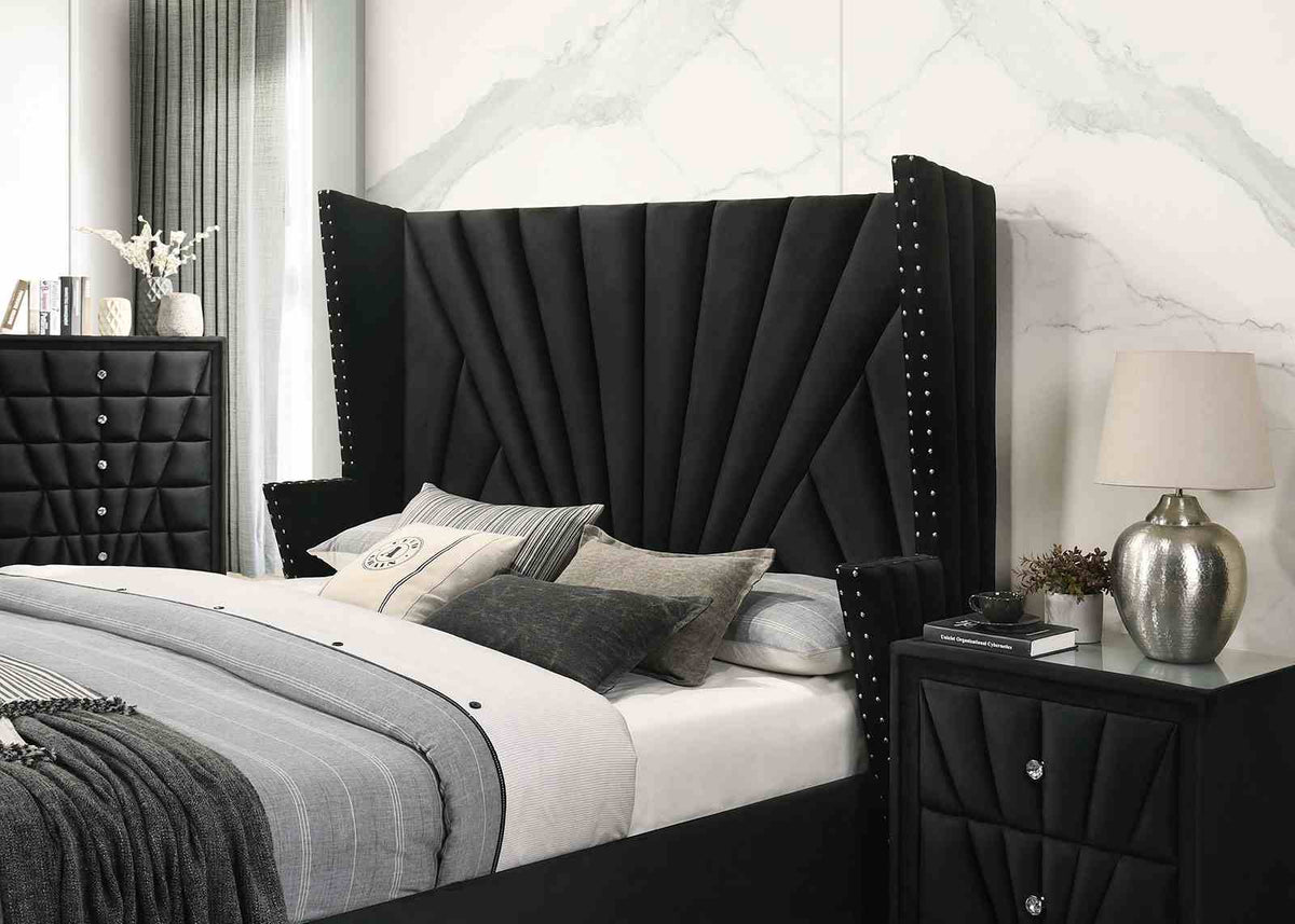 Carissa Art Deco Wingback Upholstered Bed, Bedroom Set & Case Pieces - Nailhead Trim & Glass Tops in Black or Gray – Black & Gray, view 11