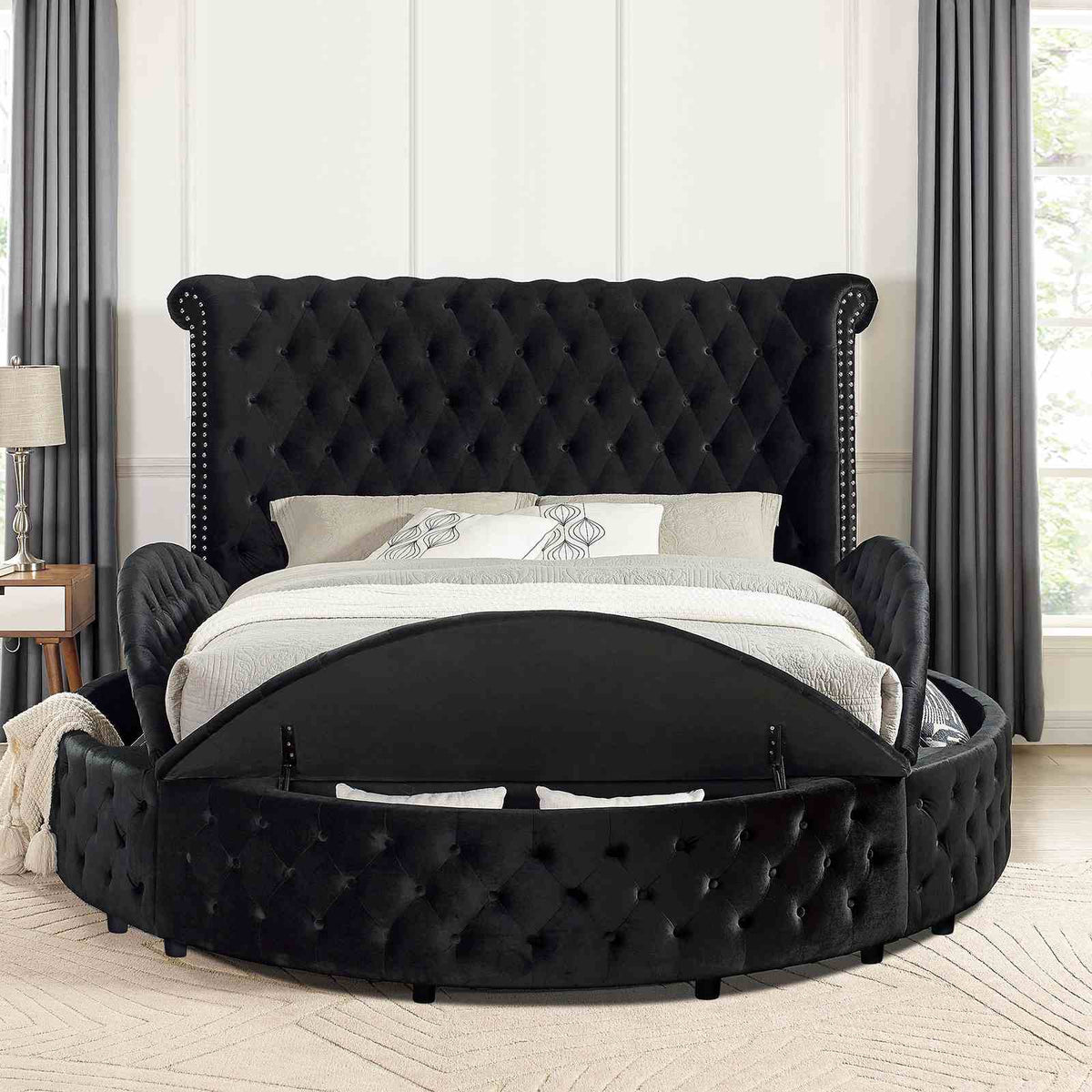 Sansom Glam Wingback Storage Bed & Bedroom Set - Crystal Button Tufting & USB Ports in Black or Gray – Black & Gray, view 3