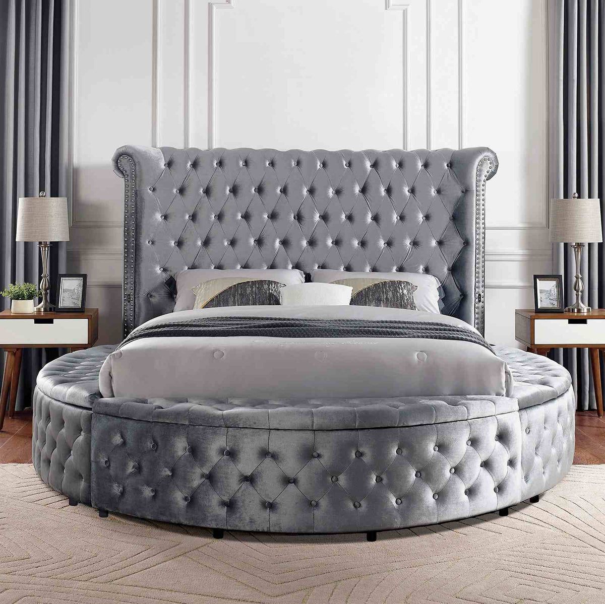Sansom Glam Wingback Storage Bed & Bedroom Set - Crystal Button Tufting & USB Ports in Black or Gray – Black & Gray, view 10
