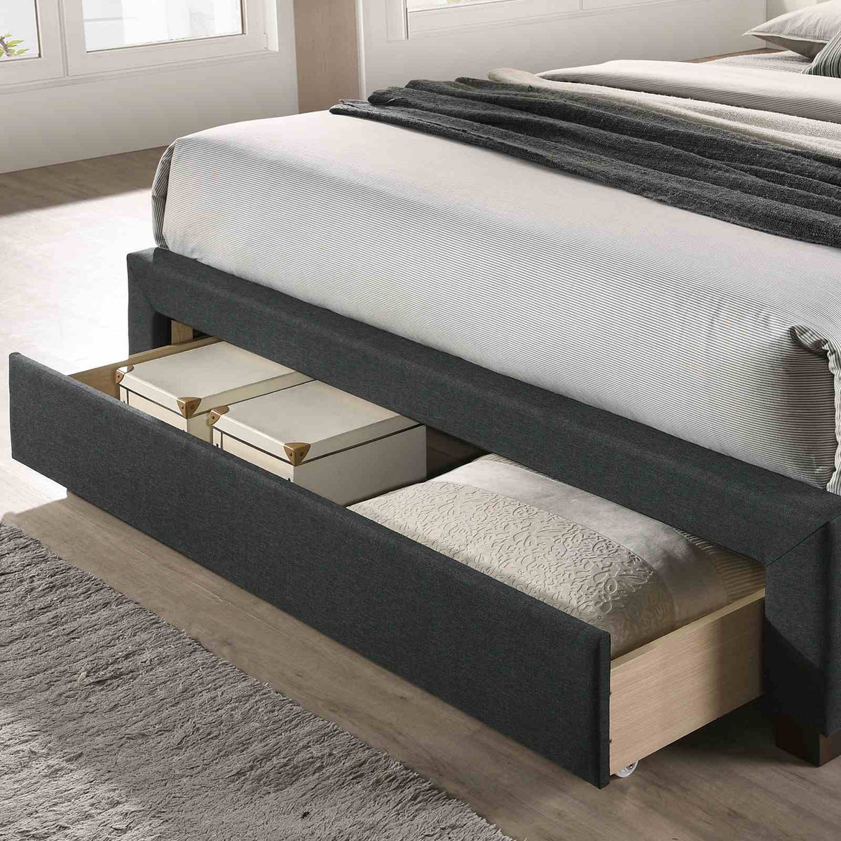 Sybella Upholstered Storage Bed with Button Tufted Headboard - Transitional Linen-Like Fabric in Beige, Gray or Dark Gray – Beige & Gray, view 4