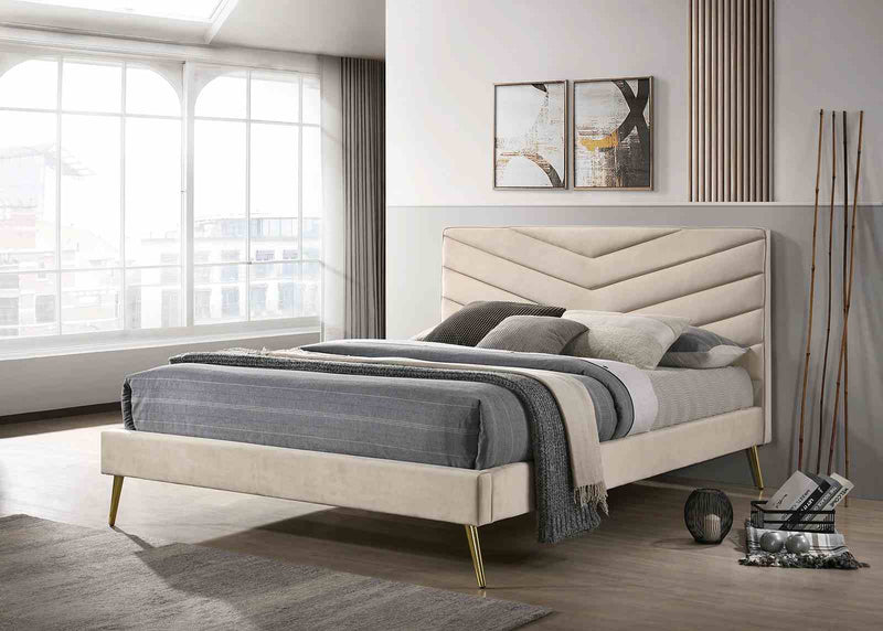 Vivar Mid-Century Chevron Tufted Upholstered Bed - Angled Gold Legs in Beige Flannelette