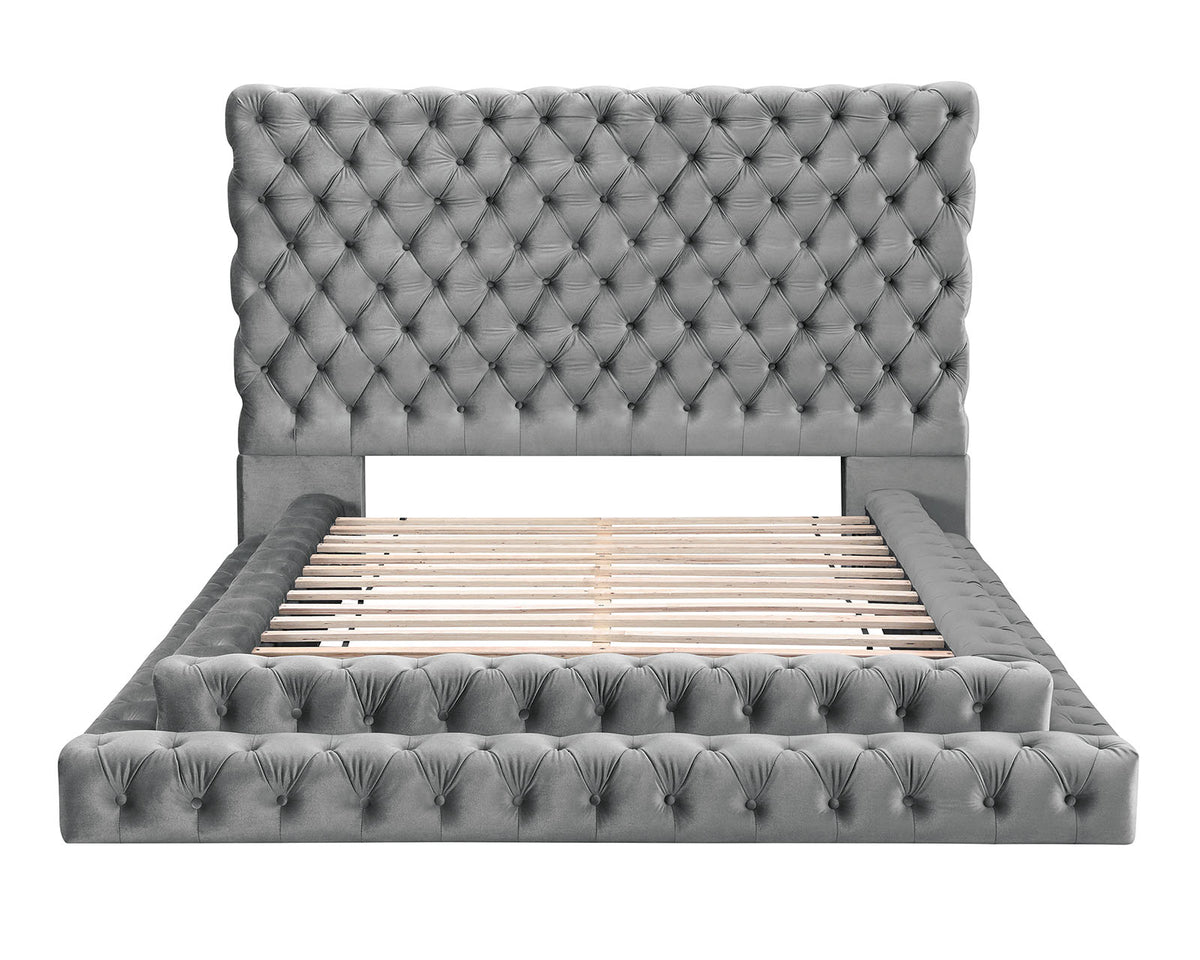 Stefania Glam Upholstered Platform Bed & Bedroom Set - Oversized Deep Button Tufted Headboard in Black or Gray – Black & Gray, view 11