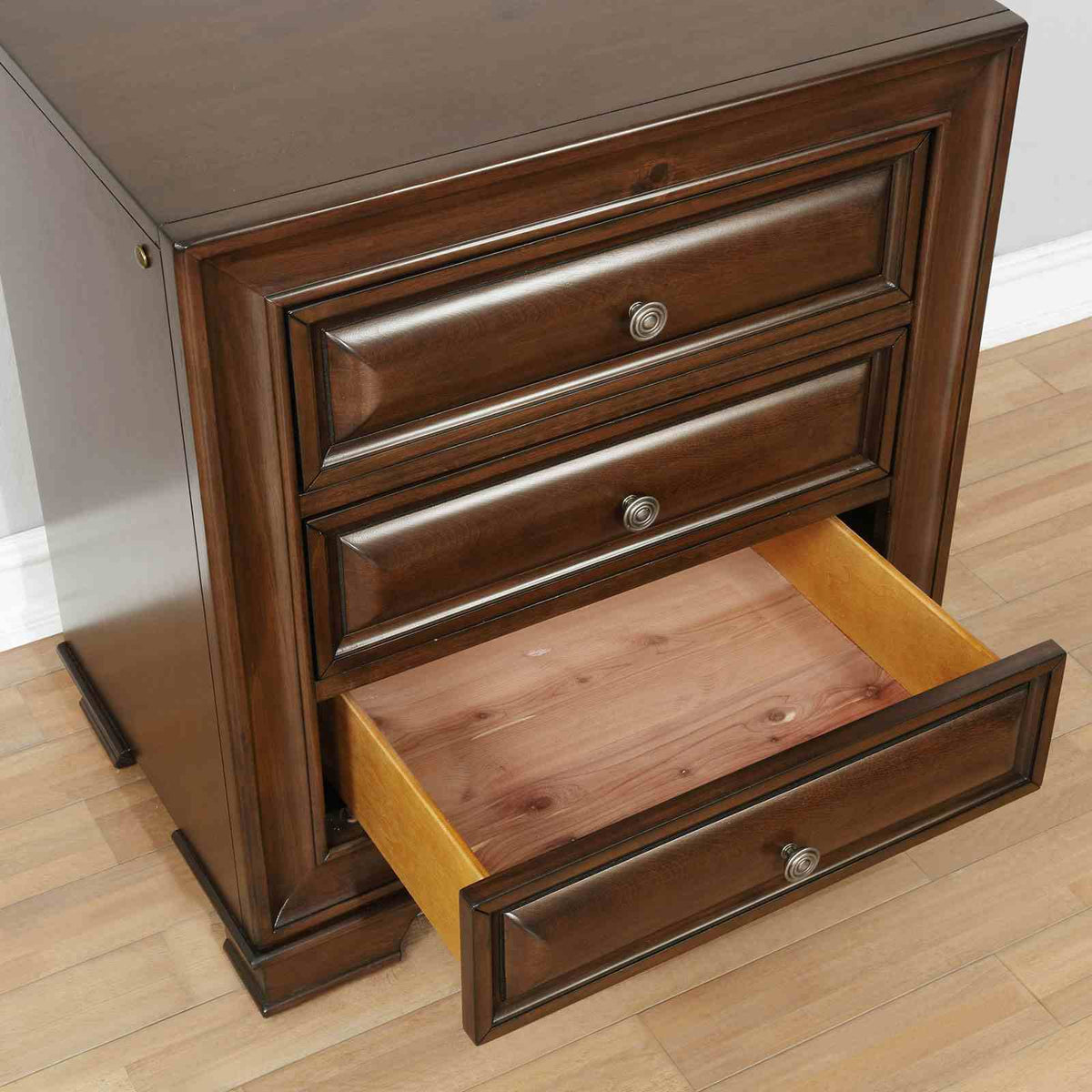 Brandt Transitional Storage Bed & Bedroom Collection - Wood Inlay, USB Nightstand, Dresser, Chest & Media Chest in Brown Cherry or Gray – Brown & Gray, view 18