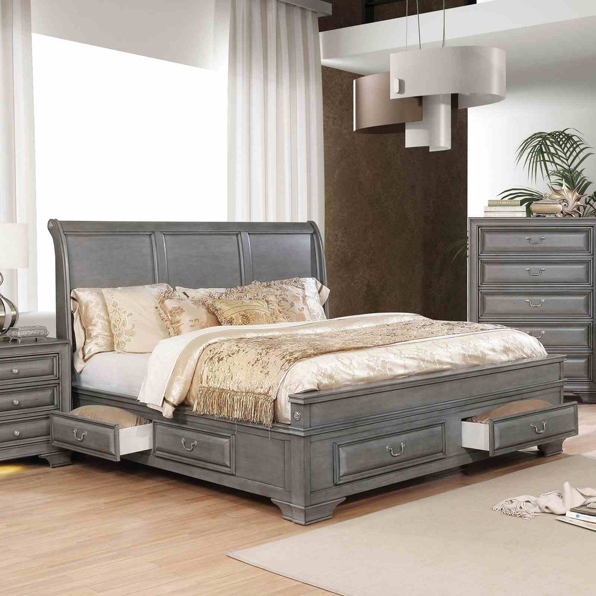 Katherine Transitional Queen Storage Bedroom Set - Wood Inlay Design with Rail & Footboard Drawers in Gray – Gray, view 2
