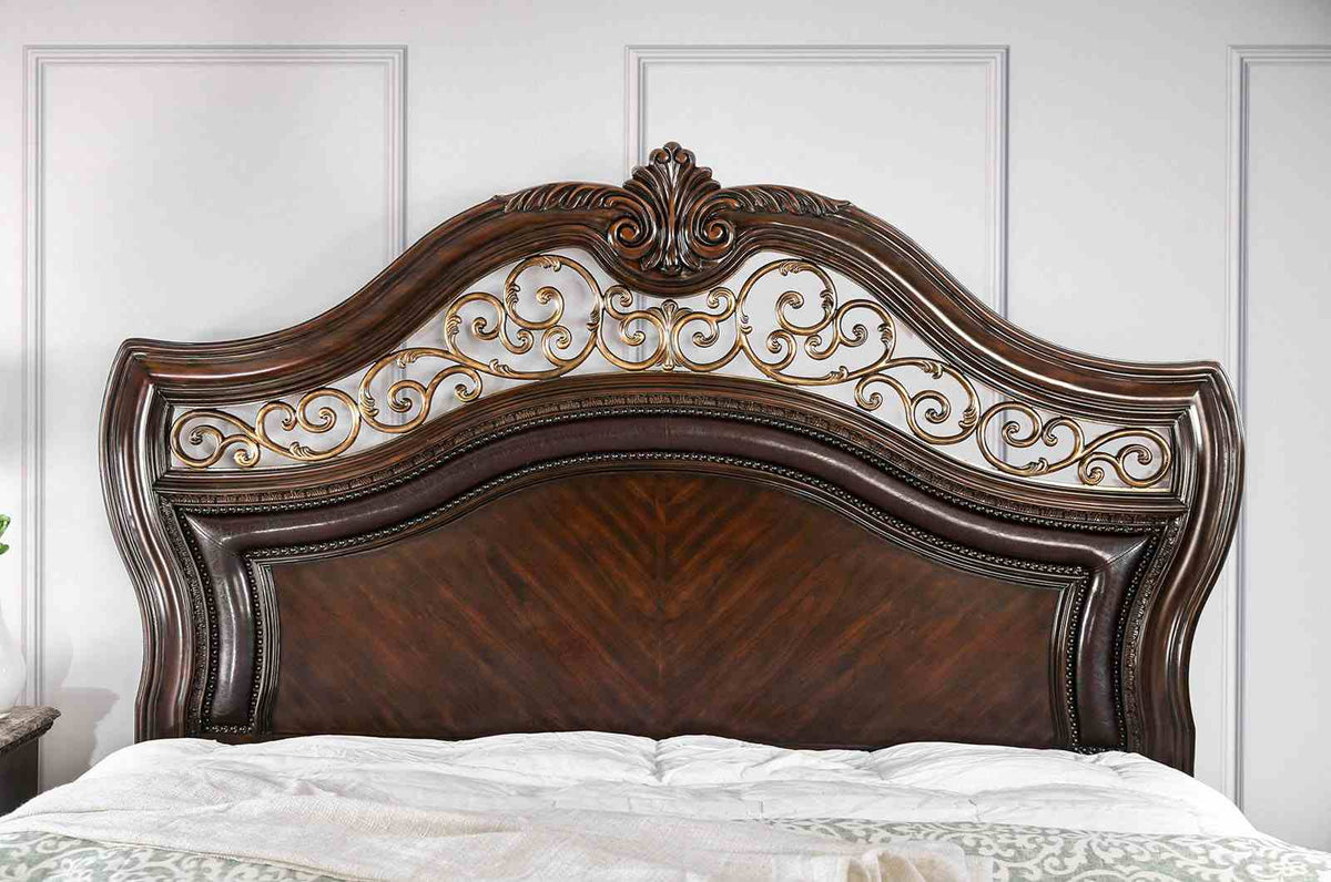 Menodora Traditional Camelback Upholstered Bed, Bedroom Set & Case Pieces - Marble Tops in Brown Cherry – Brown, view 6