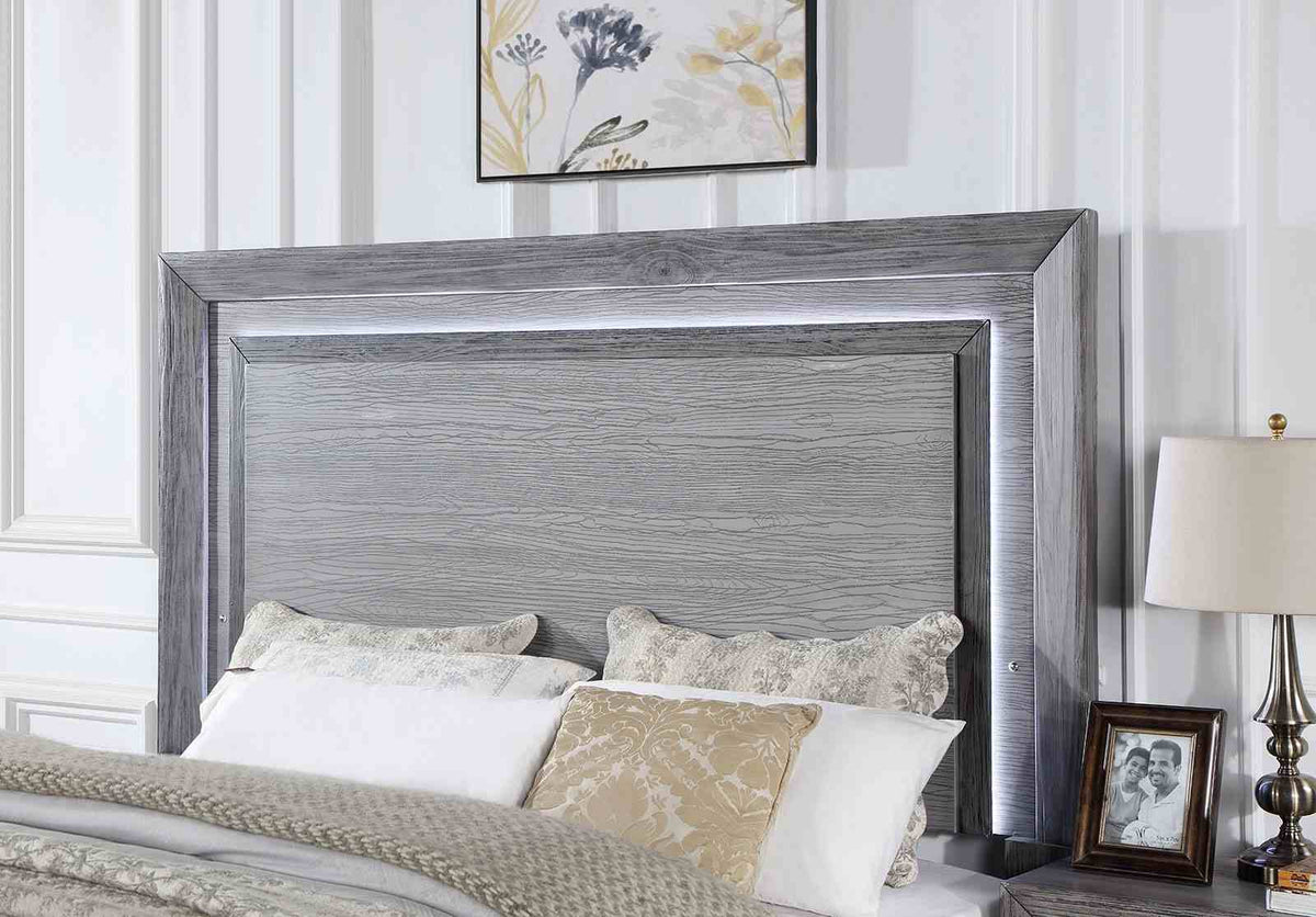 Raiden Transitional LED Bed, Bedroom Set & Case Pieces - Illuminated Headboard & USB Nightstands in Gray – Gray, view 8