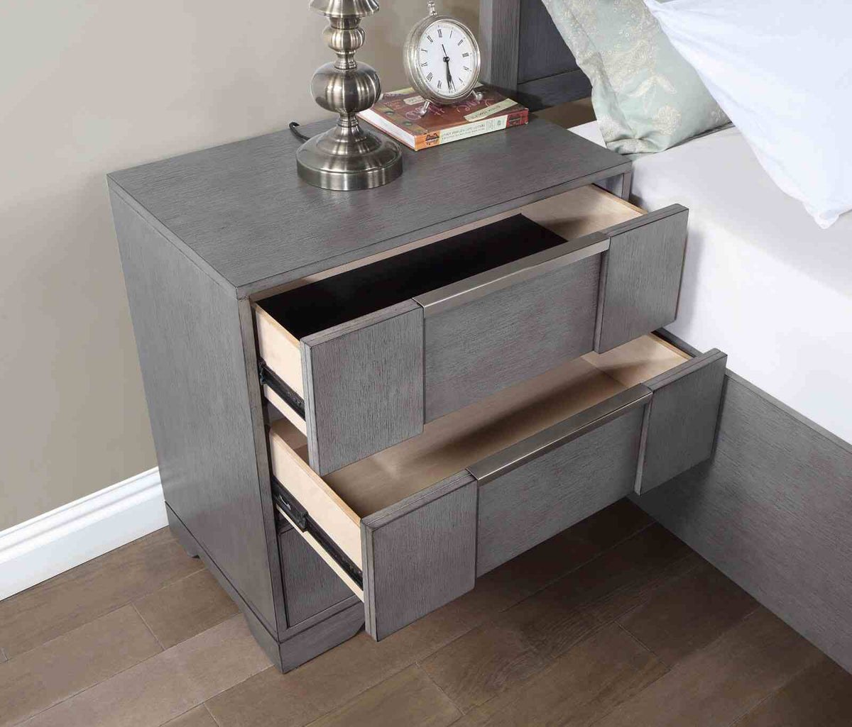 Regulus Contemporary Nightstand with Dovetail Drawers & Nickel Finger Pulls - Gray – Gray, view 3