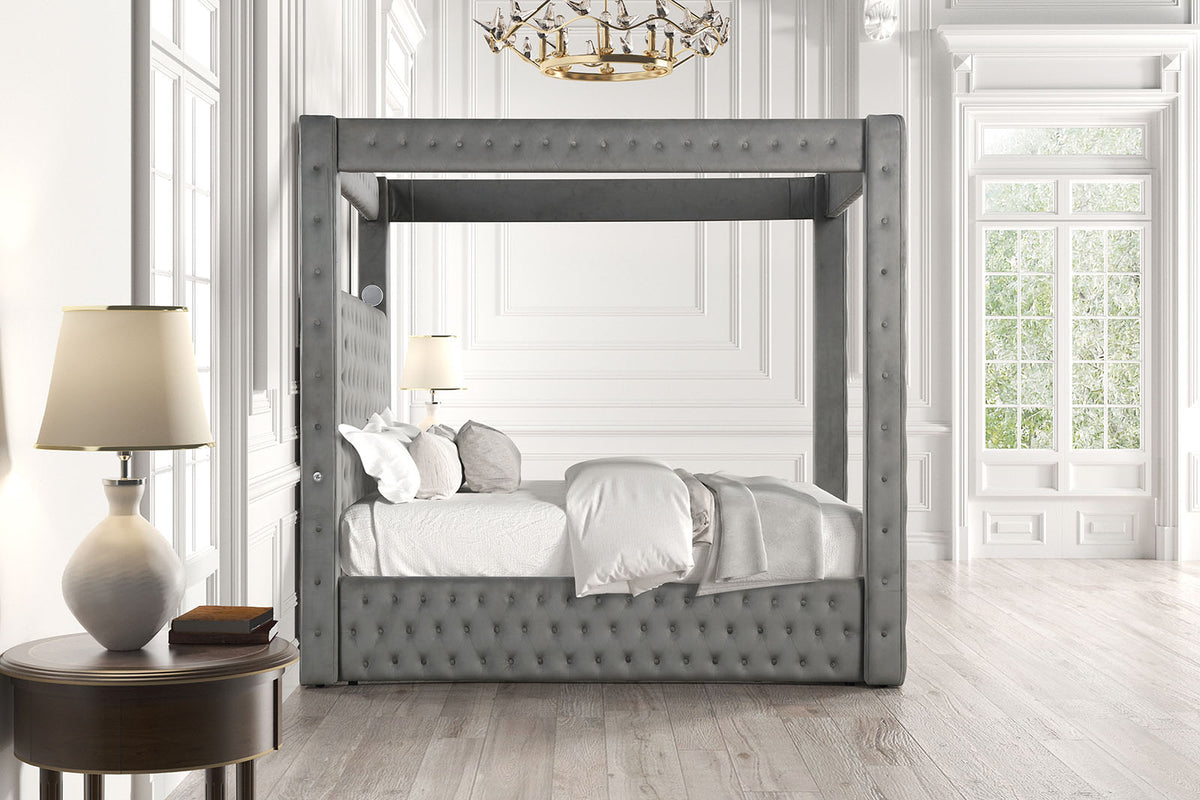 Etherea Upholstered Poster Bed with Bluetooth Speakers & USB Ports - Tufted Flannelette in Black or Gray – Black & Gray, view 8