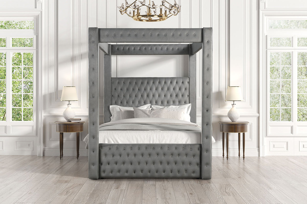 Etherea Upholstered Poster Bed with Bluetooth Speakers & USB Ports - Tufted Flannelette in Black or Gray – Black & Gray, view 9