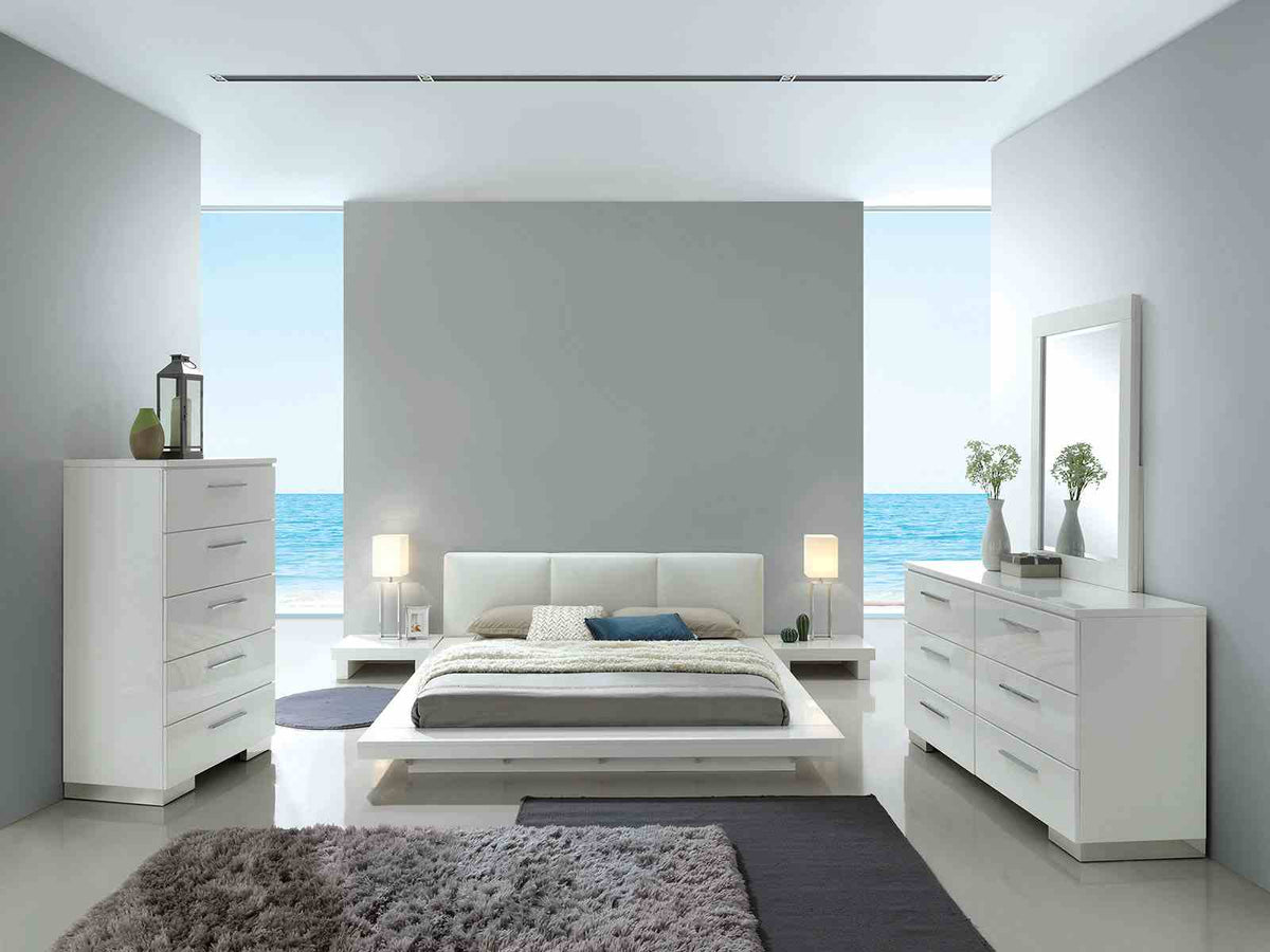 Christie Low Profile Leatherette Platform Bed & Bedroom Collection - Dresser, Mirror, Chest & USB Nightstand in High Gloss White – White, view 2