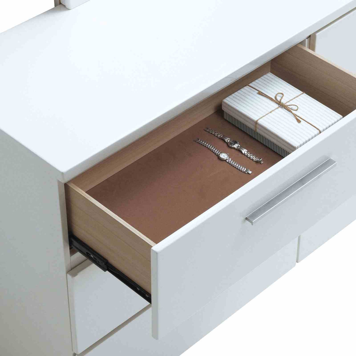 Christie Low Profile Leatherette Platform Bed & Bedroom Collection - Dresser, Mirror, Chest & USB Nightstand in High Gloss White – White, view 9