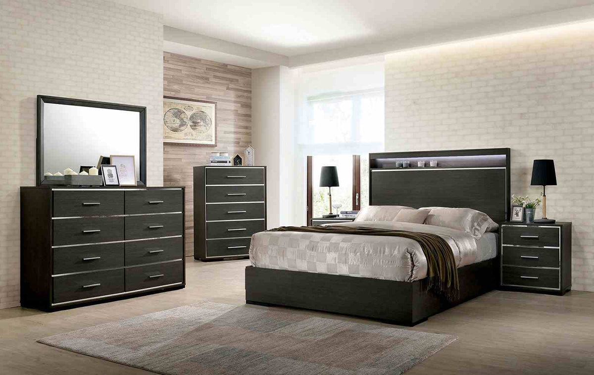 Camryn Contemporary LED Platform Bed & Bedroom Collection - Touch Light Headboard Shelf & Chrome Trim in Warm Gray – Gray, view 2
