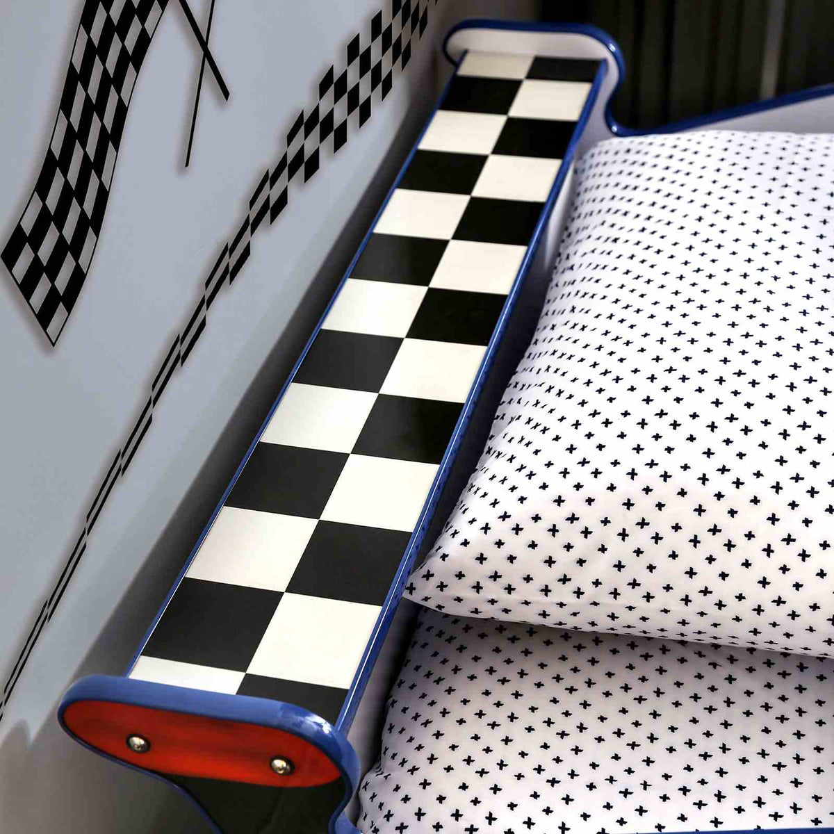 Poe Twin Race Car Bed with LED Headlights & Wheels - Glossy Blue & White Kids Bed – Blue & White, view 2
