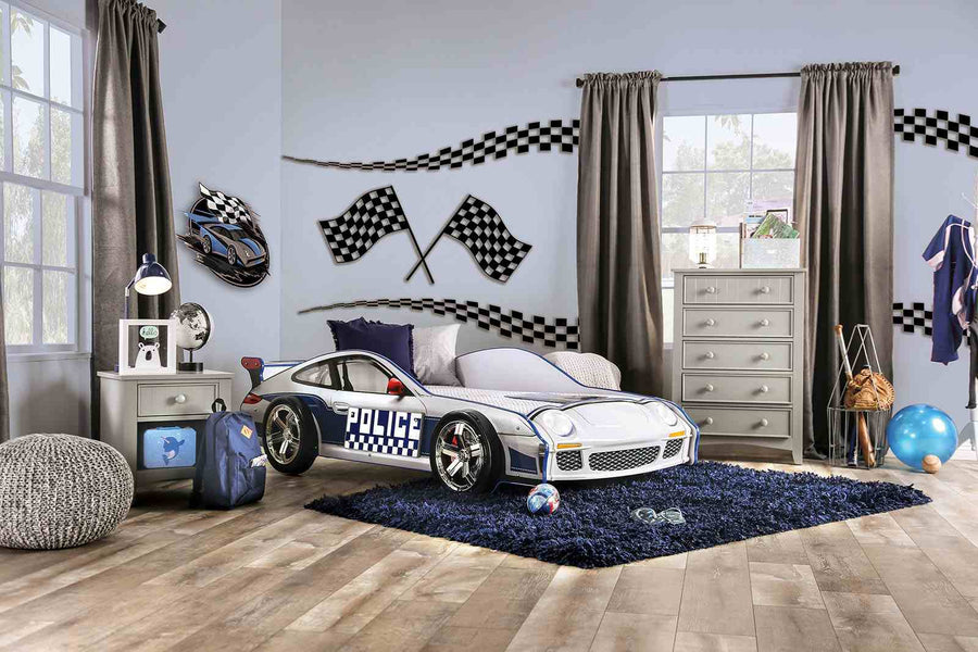 Poe Twin Race Car Bed with LED Headlights & Wheels - Glossy Blue & White Kids Bed