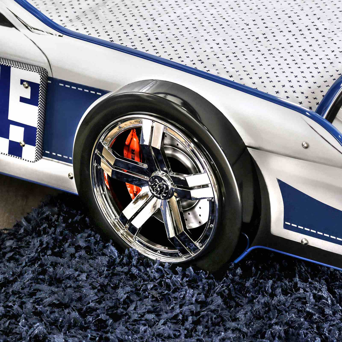 Poe Twin Race Car Bed with LED Headlights & Wheels - Glossy Blue & White Kids Bed – Blue & White, view 8