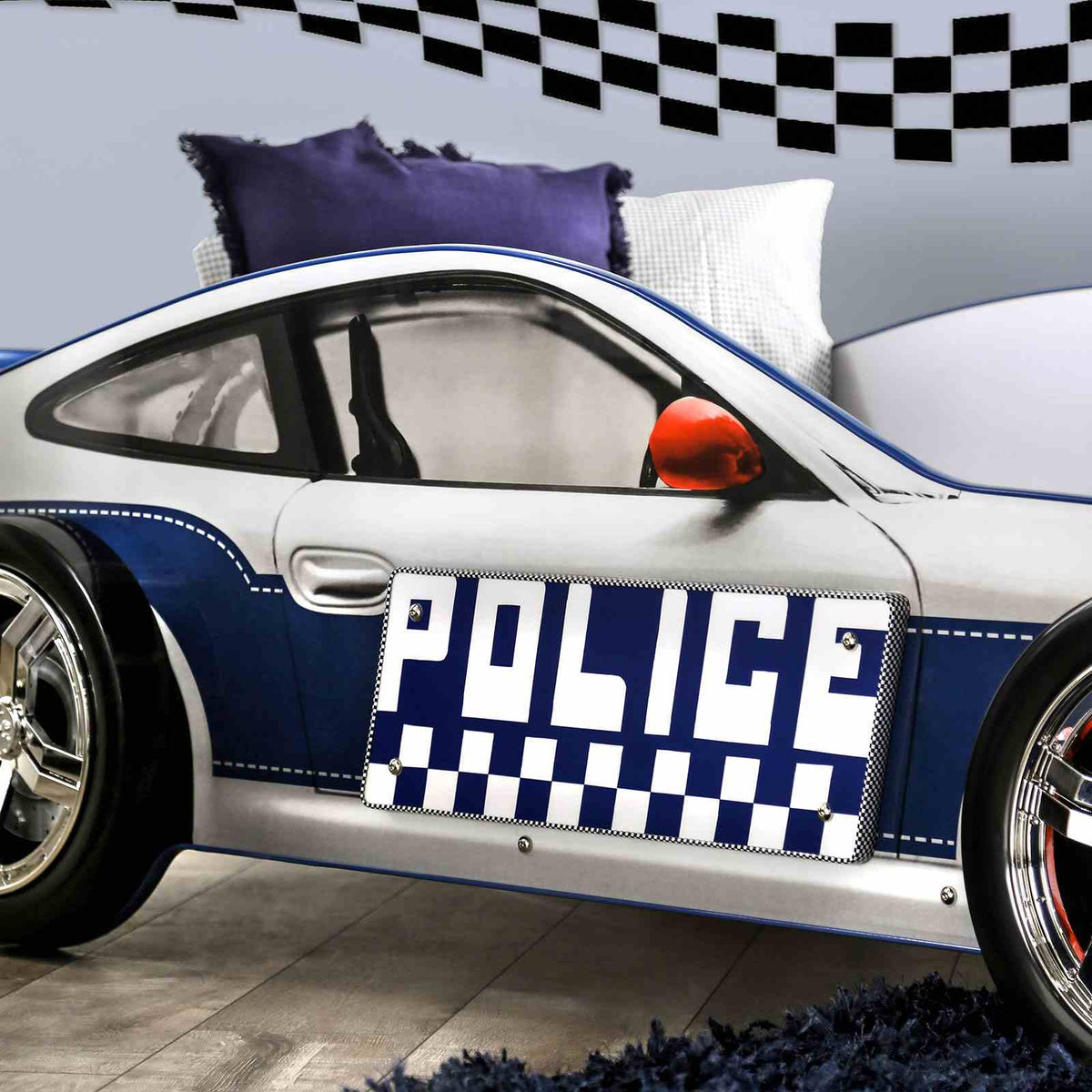 Poe Twin Race Car Bed with LED Headlights & Wheels - Glossy Blue & White Kids Bed – Blue & White, view 7
