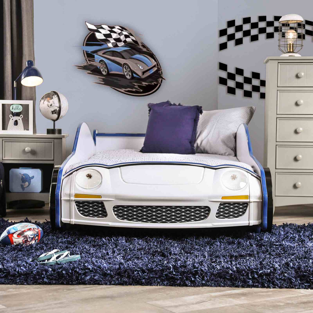 Poe Twin Race Car Bed with LED Headlights & Wheels - Glossy Blue & White Kids Bed – Blue & White, view 4