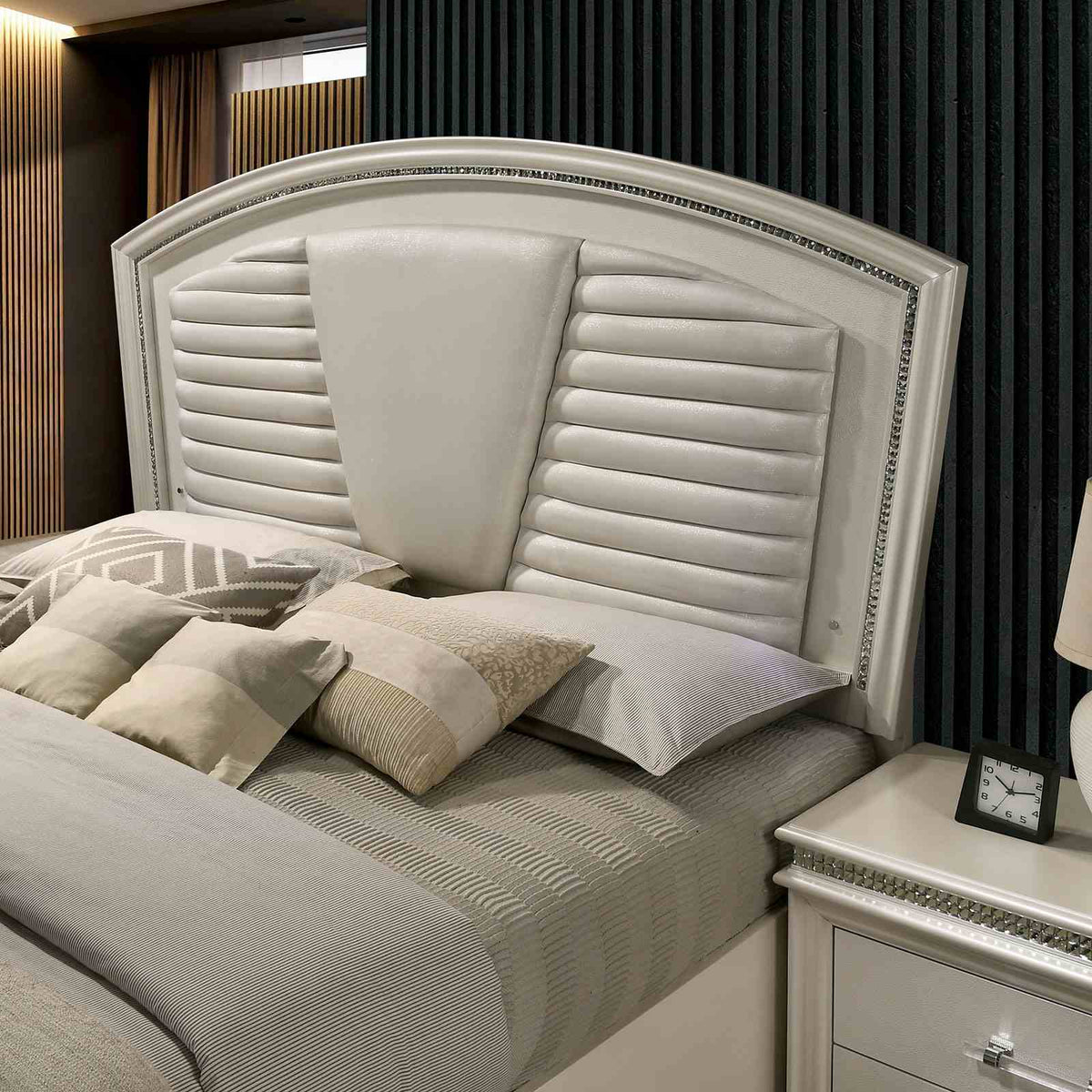 Maddie Glam LED Platform Bed, Bedroom Set & Case Pieces - Tufted Headboard, Crystal Accents & Footboard Drawers in Pearl White – White, view 8