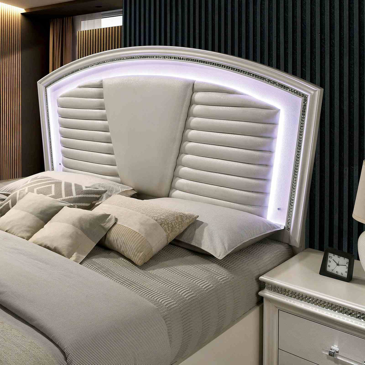 Maddie Glam LED Platform Bed, Bedroom Set & Case Pieces - Tufted Headboard, Crystal Accents & Footboard Drawers in Pearl White – White, view 9