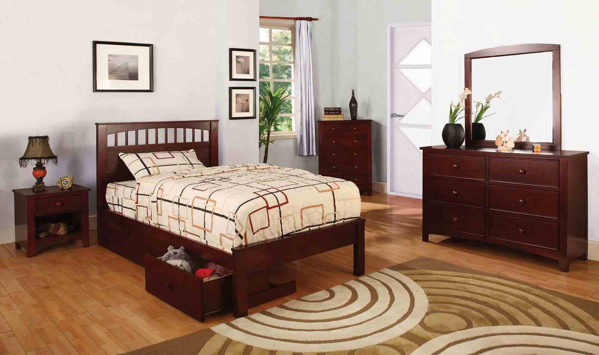 Carus Transitional Twin Panel Bed & 4-Piece Bedroom Set - Paneled Headboard with Slat Kit in Cherry – Brown, view 2
