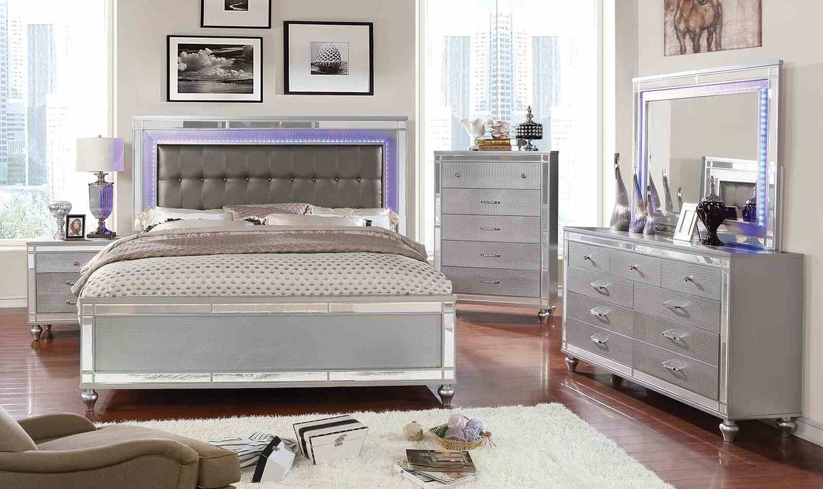 Brachium Contemporary LED Upholstered Bed, Bedroom Set & Case Pieces - Tufted Headboard with Mirror Trim in Silver – Silver & Gray, view 2