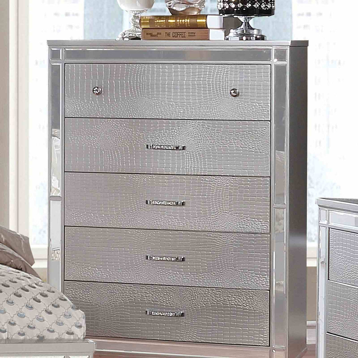 Brachium Contemporary LED Upholstered Bed, Bedroom Set & Case Pieces - Tufted Headboard with Mirror Trim in Silver – Silver & Gray, view 11