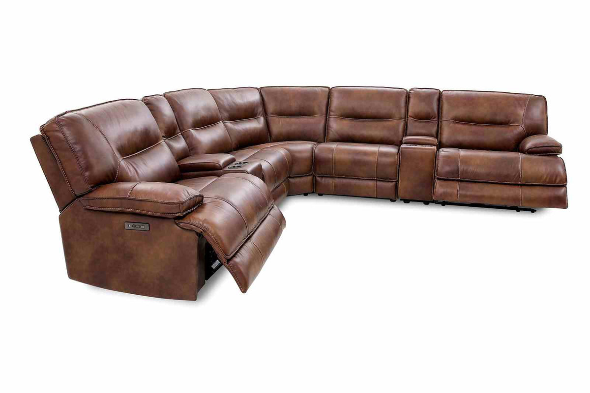 Louella Top Grain Leather Power Reclining Sectional - Power Headrests, Storage Console & USB in Brown – Brown, view 2