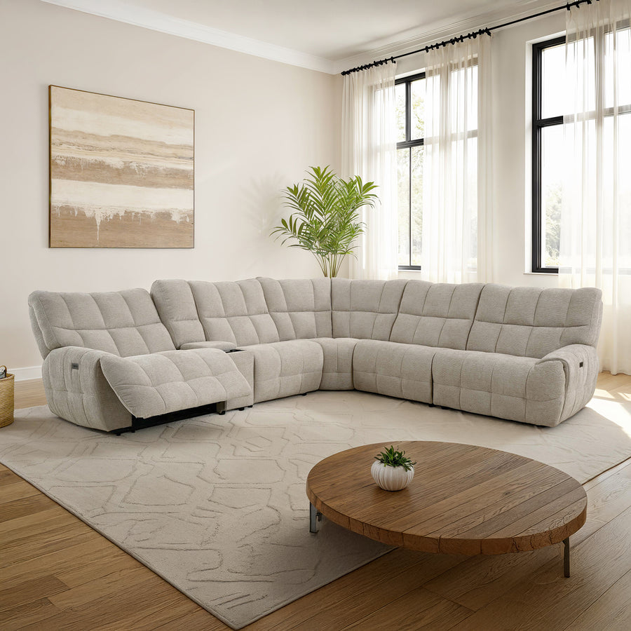 Clemens Power Reclining Sectional with Wireless Charging Console - Biscuit-Tufted Chenille