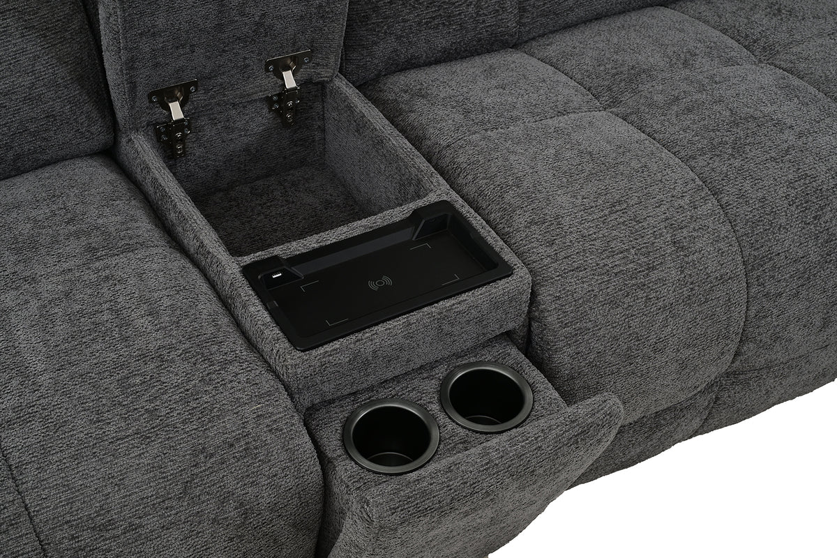 Clemens Power Reclining Sectional with Wireless Charging Console - Biscuit-Tufted Chenille – Beige & Gray, view 13