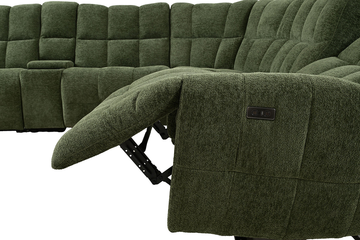 Clemens Power Reclining Sectional with Wireless Charging Console - Biscuit-Tufted Chenille – Beige & Gray, view 15