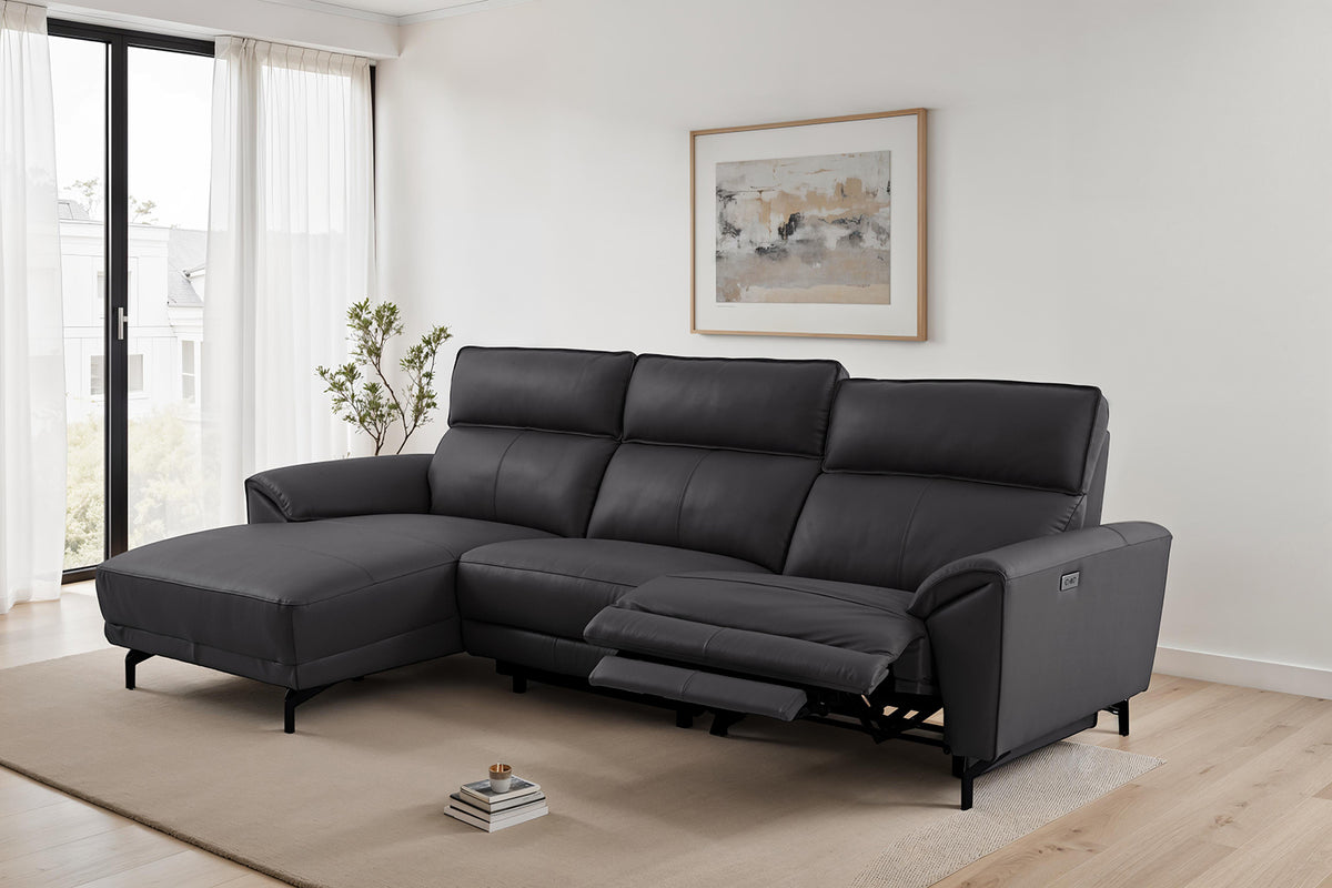 Themis Power Reclining Sectional with Chaise - Top Grain Leather with USB Ports, Contemporary – Black & Brown, view 11