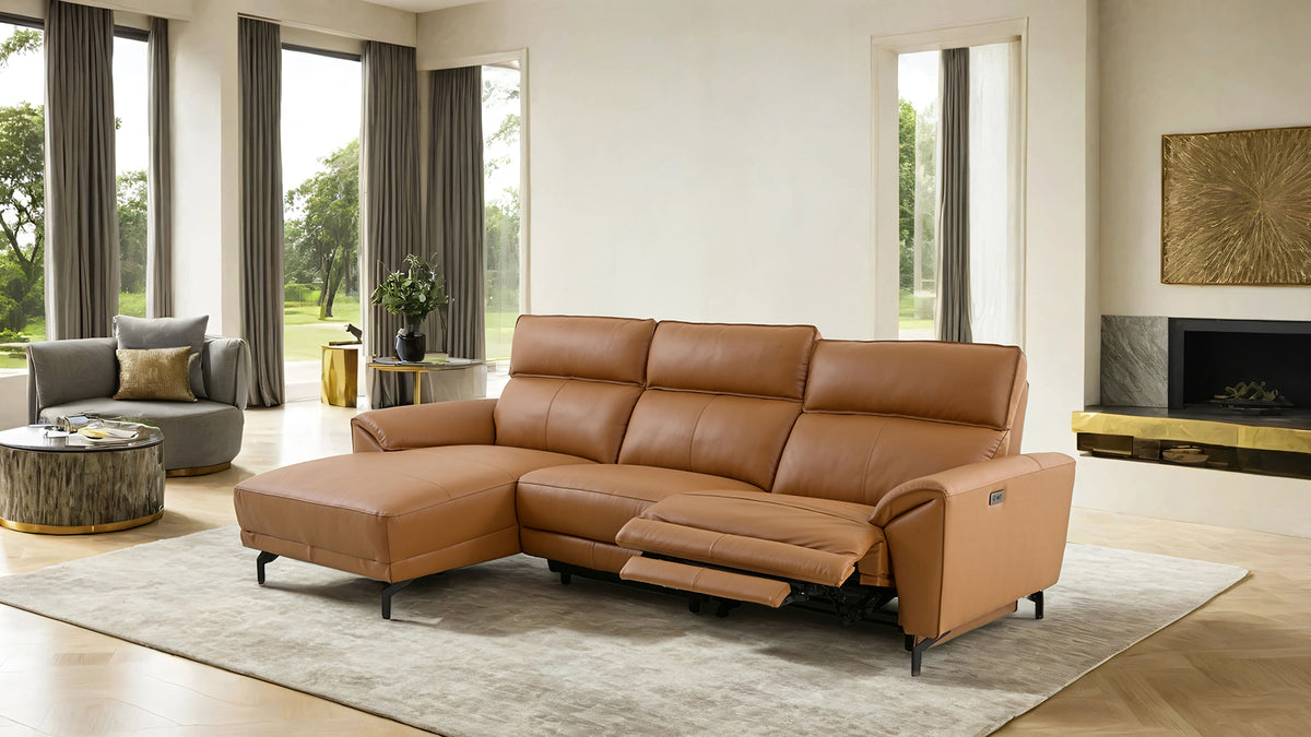 Themis Power Reclining Sectional with Chaise - Top Grain Leather with USB Ports, Contemporary – Black & Brown, view 13