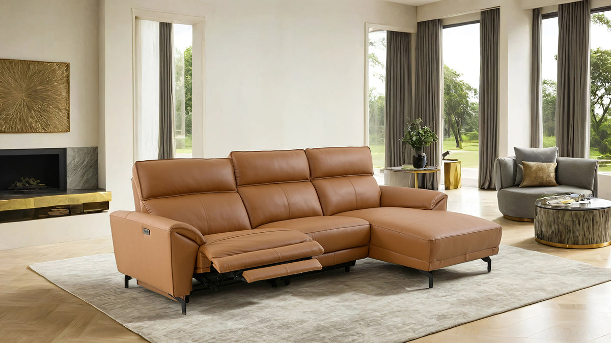 Themis Power Reclining Sectional with Chaise - Top Grain Leather with USB Ports, Contemporary – Black & Brown, view 16